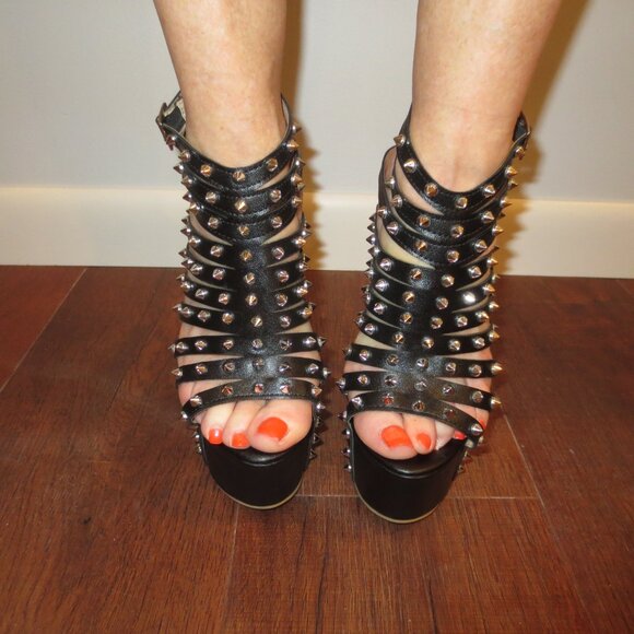 NNB Black Studded Multi Strap High Heel Platform Sandals - Picture 2 of 8